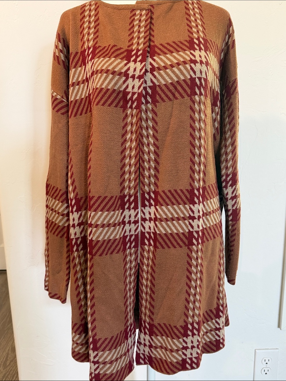 Passport Plaid Open-Front Cardigan in Camel and Burgundy